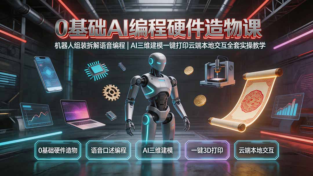 0基础AI编程硬件造物课｜机器人组装拆解语音编程，AI三维建模一键打印云端本地交互全套实操教学-问小徐资源库