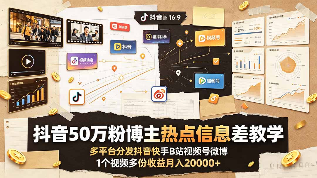 抖音50万粉博主热点信息差教学：多平台分发抖音快手B站视频号微博，1个视频多份收益月入20000+-问小徐资源库