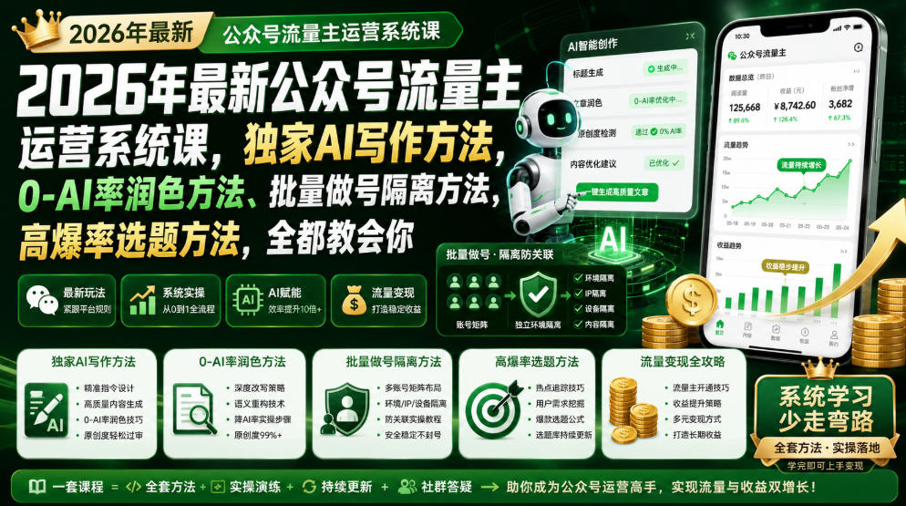 2026年最新公众号流量主运营系统课，独家AI写作方法，0-AI率润色方法、批量做号隔离方法、高爆率选题方法，全都教会你-问小徐资源库