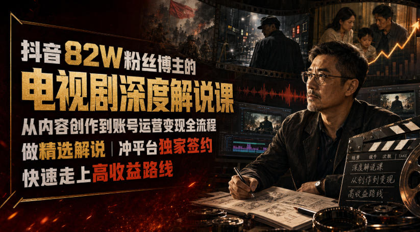 抖音82W粉丝博主的电视剧深度解说课，从内容创作到账号运营变现全流程，做精选解说，冲平台独家签约，快速走上高收益路线-问小徐资源库