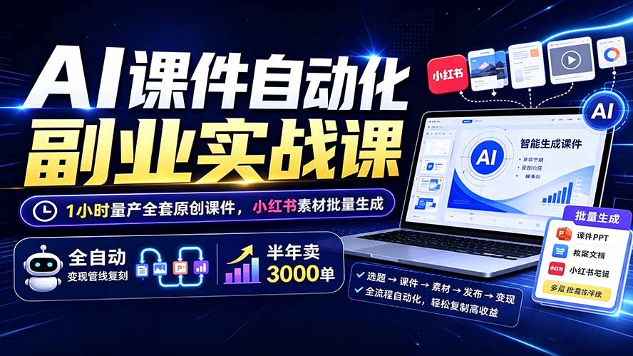 AI课件自动化副业实战课：1小时量产全套原创课件×小红书素材批量生成×全自动变现管线×半年卖3000单-问小徐资源库