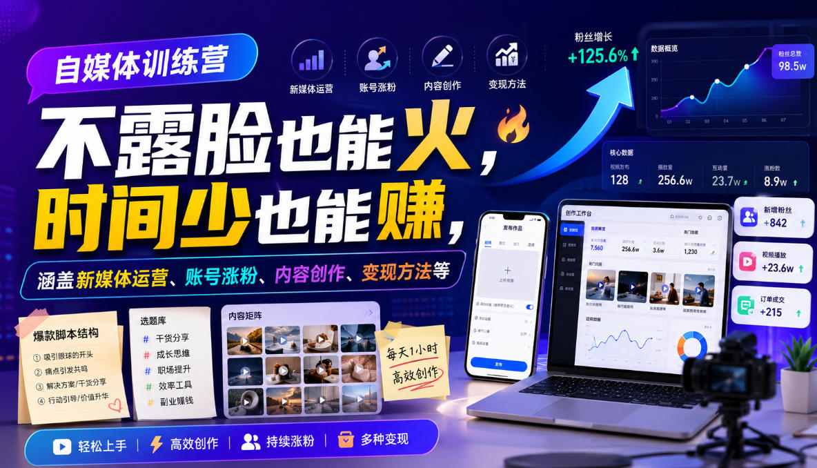 自媒体训练营，不露脸也能火，时间少也能賺，涵盖新媒体运营、账号涨粉、内容创作、变现方法等-问小徐资源库