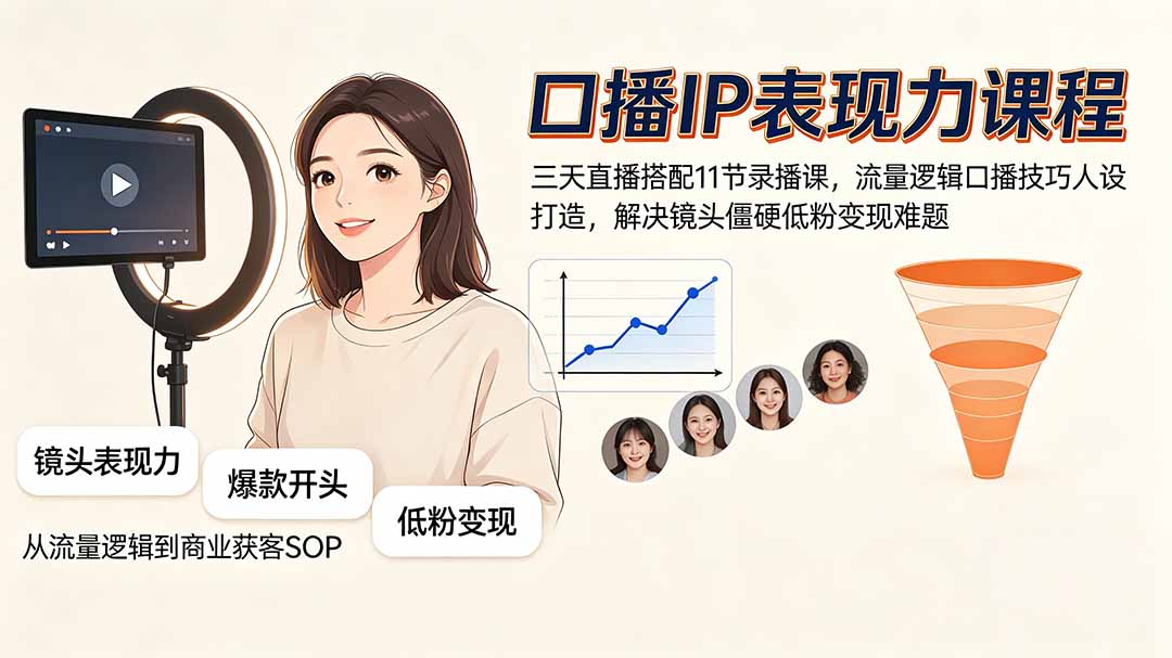 口播IP表现力课程｜三天直播搭配11节录播课，流量逻辑口播技巧人设打造，解决镜头僵硬低粉变现难题-问小徐资源库