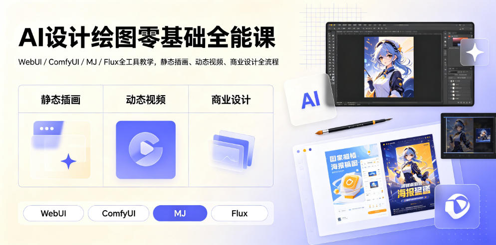 AI设计绘图零基础全能课｜WebUI/ComfyUI/MJ/Flux全工具教学，静态插画、动态视频、商业设计全流程-问小徐资源库