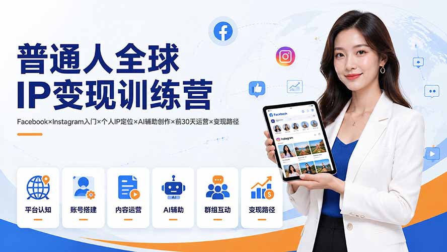 普通人全球IP变现训练营：Facebook×Instagram入门×个人IP定位×AI辅助创作×前30天运营×变现路径-问小徐资源库