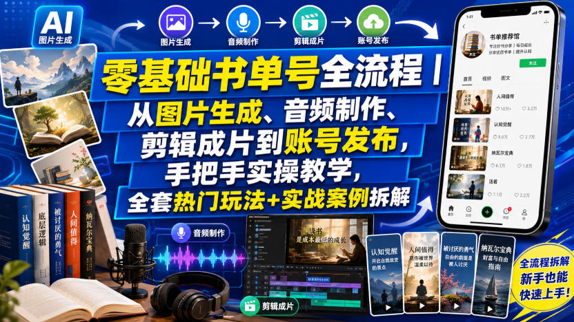 零基础书单号全流程|从图片生成、音频制作、剪辑成片到账号发布,手把手实操教学,全套热门玩法+实战案例拆解-问小徐资源库