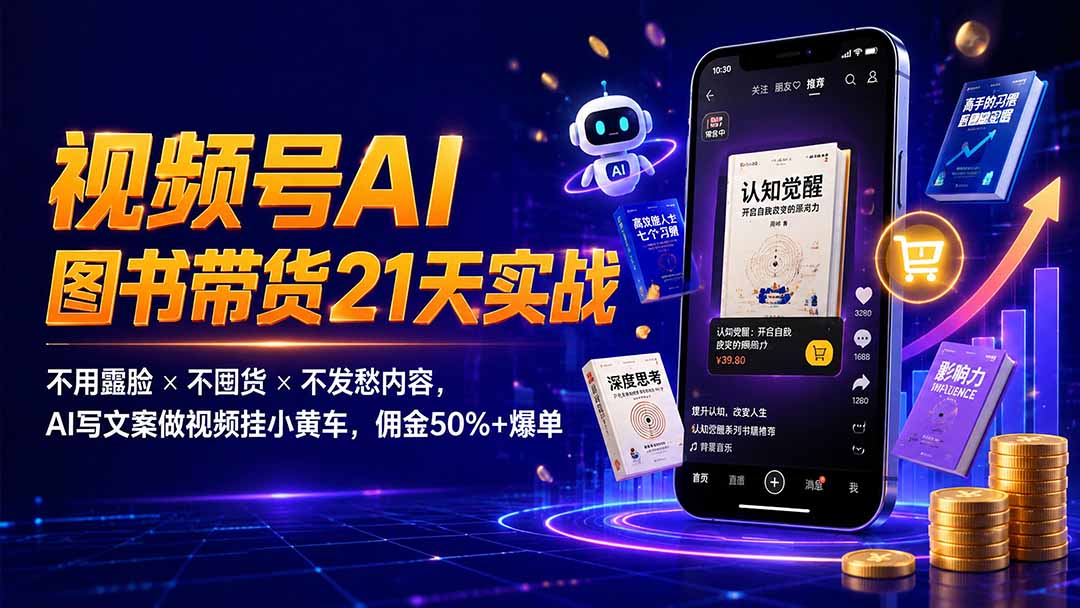 繁花视频号AI图书带货21天实战：不用露脸×不囤货×不发愁内容，AI写文案做视频挂小黄车，佣金50%+爆单-问小徐资源库