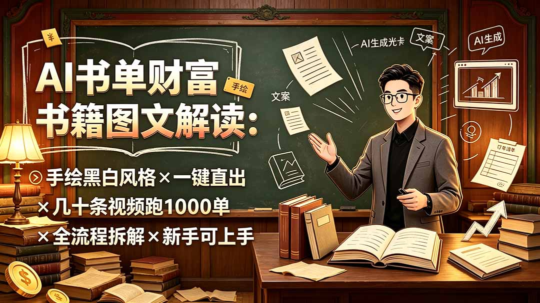 AI书单财富书籍图文解读：手绘黑白风格×一键直出×几十条视频跑1000单×全流程拆解×新手可上手-问小徐资源库