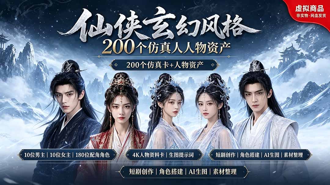 200个仙侠玄幻仿真人素材◆10男主×10女主×180配角，4K资料卡+AI生图提示词，漫剧必备-问小徐资源库