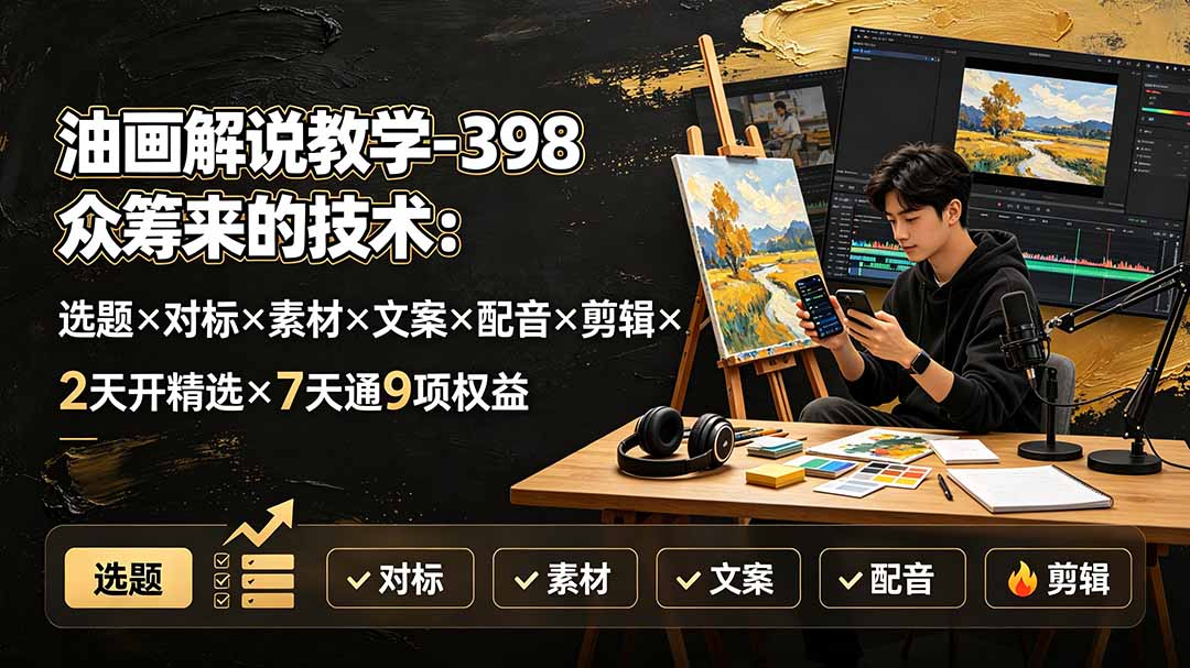 油画解说教学-398众筹来的技术:选题×对标×素材×文案×配音×剪辑×2天开精选×7天通9项权益-问小徐资源库