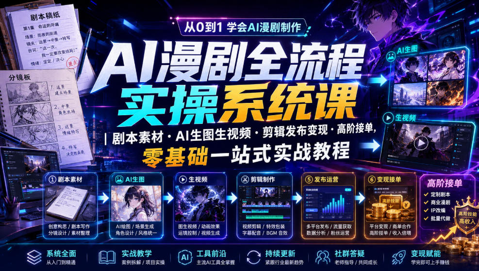 AI漫剧全流程实操系统课|剧本素材・AI生图生视频・剪辑发布变现・高阶接单,零基础一站式实战教程-问小徐资源库