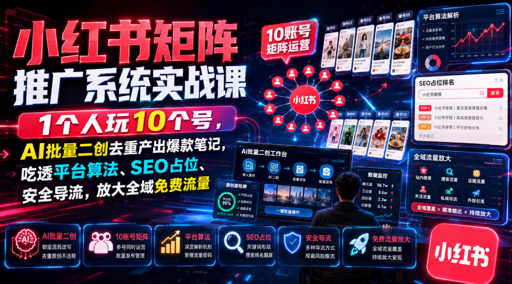 小红书矩阵推广系统实战课｜1个人玩10个号，AI批量二创去重产出爆款笔记，吃透平台算法、SEO占位、安全导流，放大全域免费流量-问小徐资源库