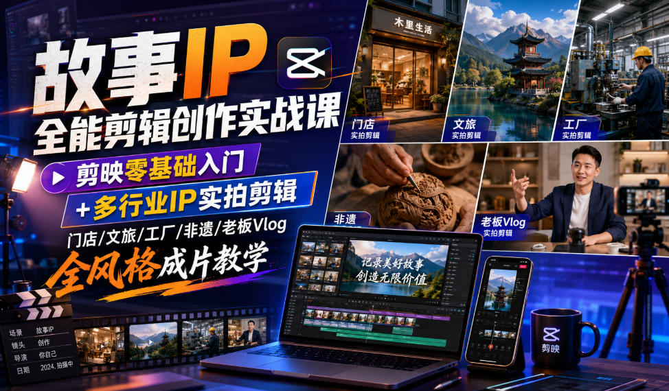 故事IP全能剪辑创作实战课|剪映零基础入门+多行业IP实拍剪辑,门店/文旅/工厂/非遗/老板Vlog全风格成片教学-问小徐资源库