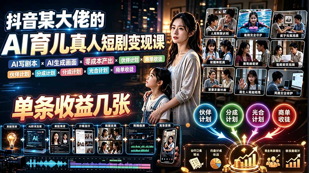 AI育儿真人短剧变现课:AI写剧本×AI生成画面×零成本产出×伙伴计划×分成计划×光合计划×商单收徒-问小徐资源库
