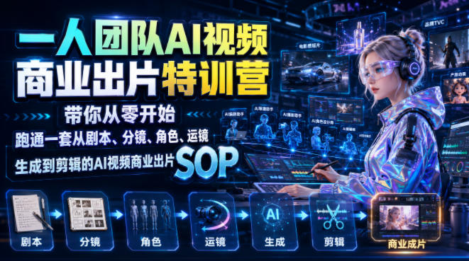 一人团队AI视频商业出片实战课:带你从零开始跑通一套从剧本、分镜、角色、运镜、生成到剪辑的AI视频商业出片SOP-问小徐资源库