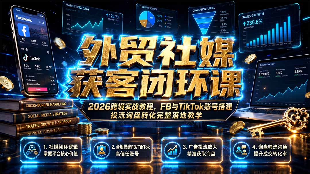 外贸社媒获客闭环课｜2026跨境实战教程，FB与TikTok账号搭建投流询盘转化完整落地教学-问小徐资源库