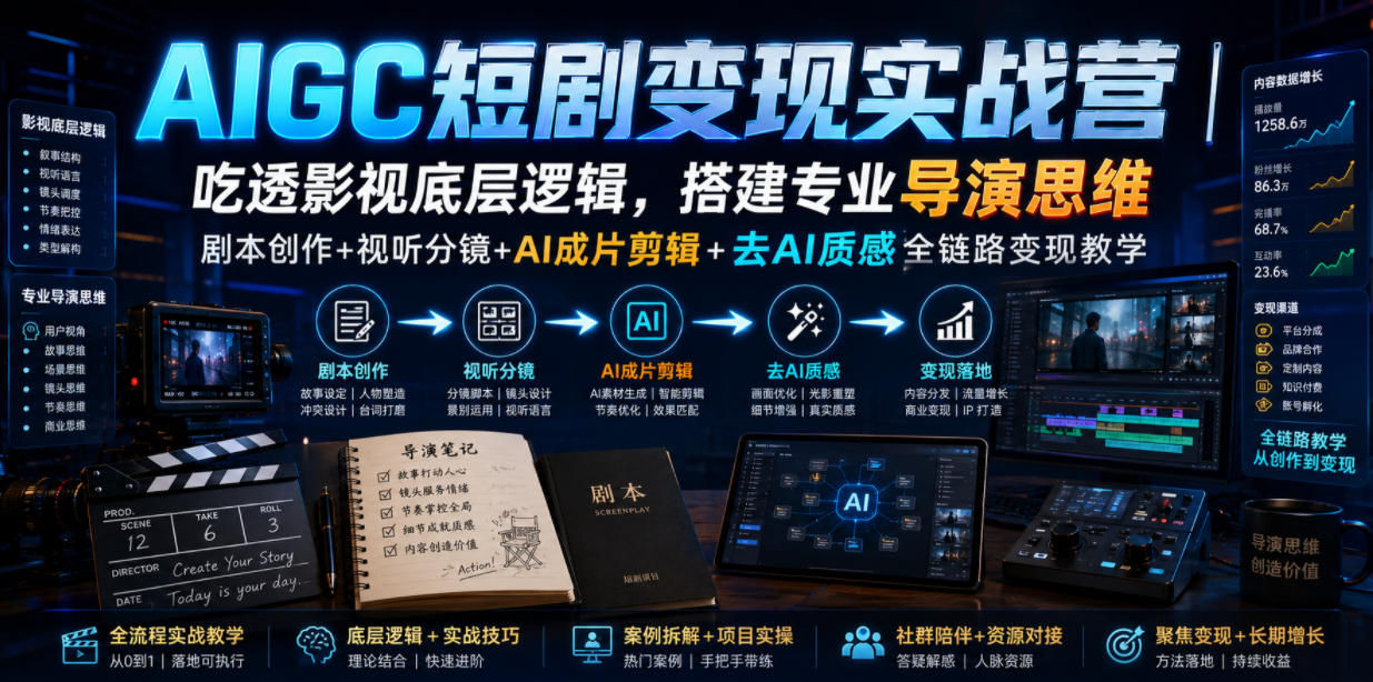 AIGC短剧变现实战营｜吃透影视底层逻辑，搭建专业导演思维，剧本创作+视听分镜+AI成片剪辑+去AI质感全链路变现教学-问小徐资源库