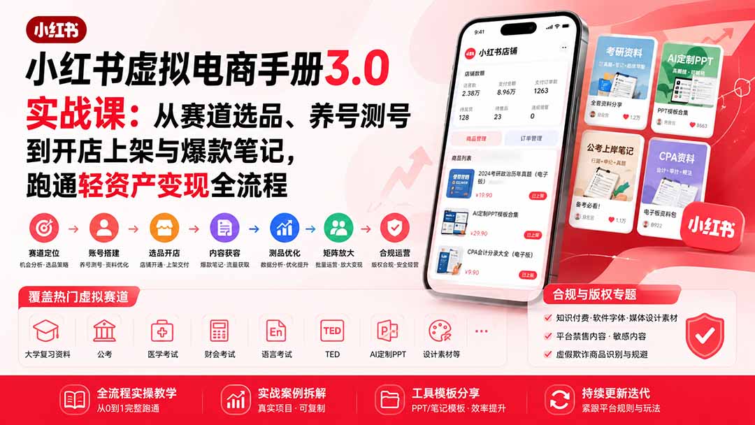 小红书虚拟电商手册3.0实战课：从赛道选品、养号测号到开店上架与爆款笔记，跑通轻资产变现全流程-问小徐资源库