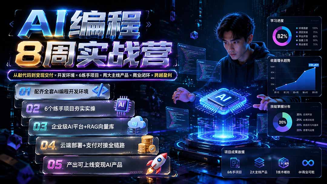 AI编程8周实战营:从敲代码到变现交付×开发环境×6练手项目×两大主线产品×商业闭环×跨越盈利-问小徐资源库