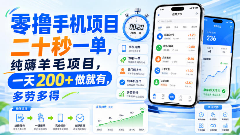 零撸手机项目,二十秒一单,纯薅羊毛项目,一天200+做就有,多劳多得【揭秘】-问小徐资源库
