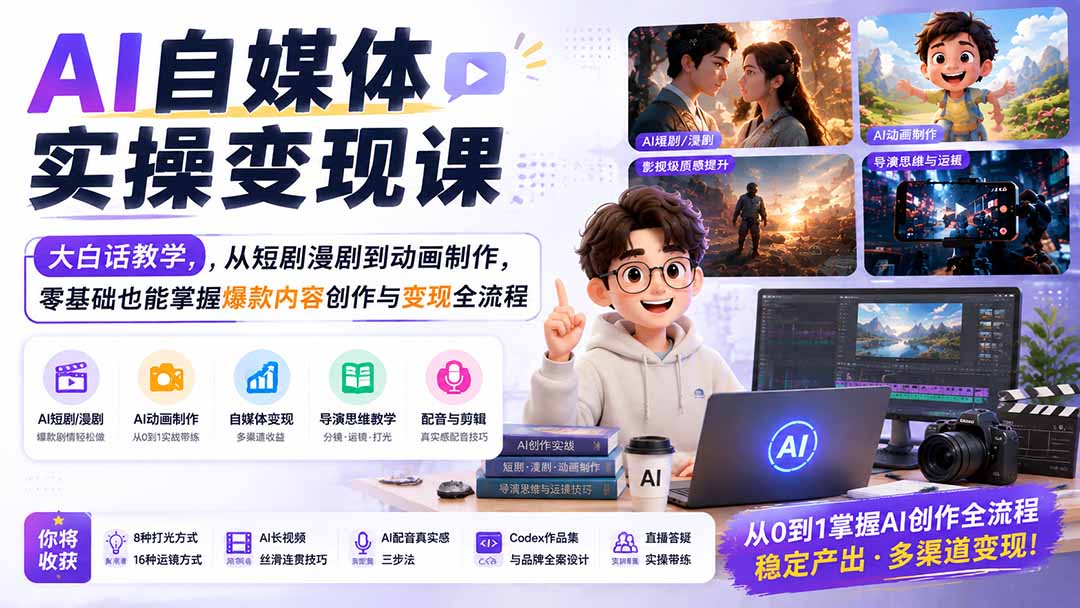 AI自媒体实操变现课|大白话教学,从短剧漫剧到动画制作,零基础也能掌握爆款内容创作与变现全流程-问小徐资源库