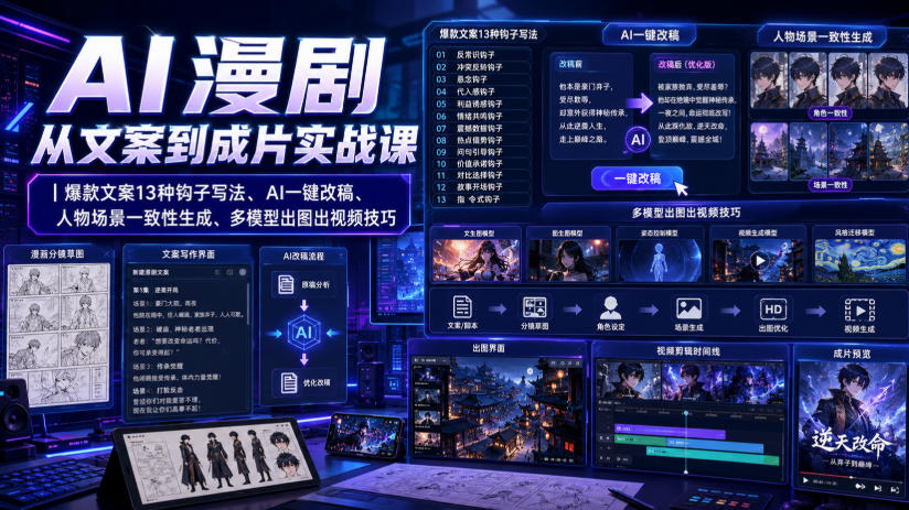 AI漫剧从文案到成片实战课｜爆款文案13种钩子写法、AI一键改稿、人物场景一致性生成、多模型出图出视频技巧-问小徐资源库