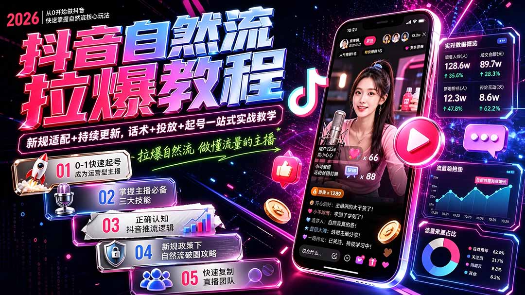 抖音自然流拉爆教程-更新7月:做懂流量的主播,新规适配+持续更新,话术+投放+起号一站式实战教学-问小徐资源库