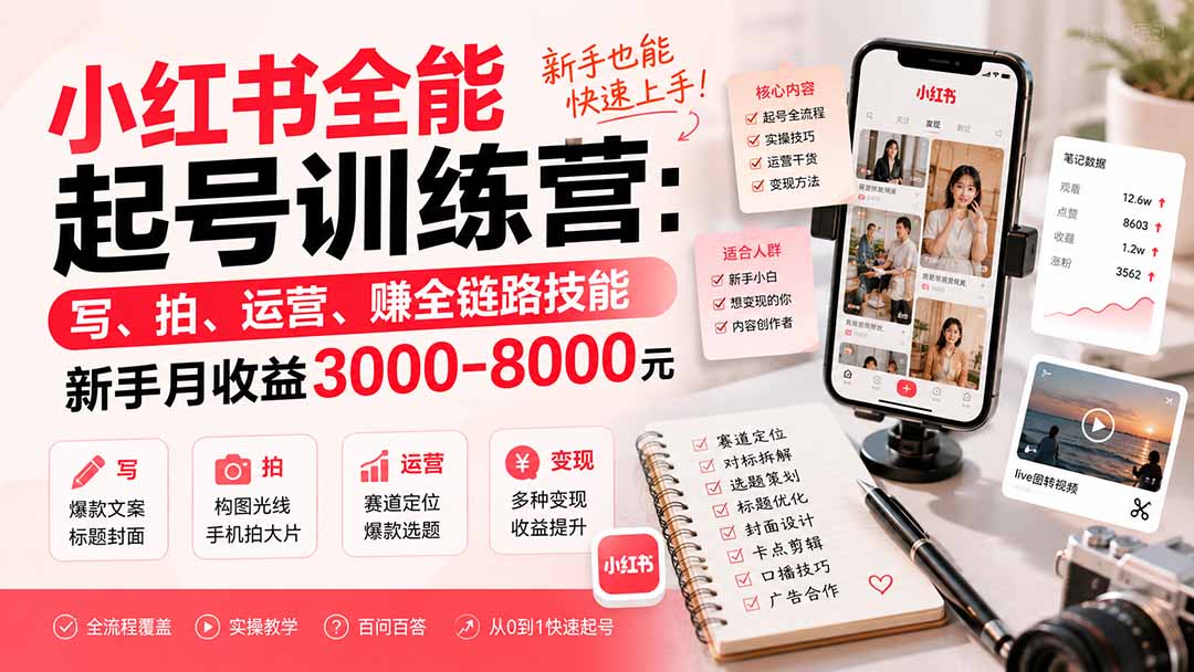 小红书全能起号训练营-更新：写、拍、运营、赚全链路技能，新手月收益3000-8000元-问小徐资源库
