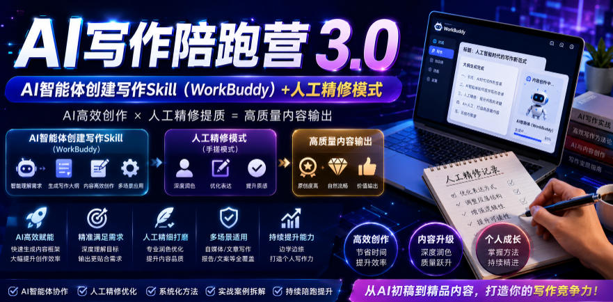 AI写作陪跑营3.0,Ai智能体创建写作skill(workbuddy)+人工手写模式(手搓模式),去除AI痕迹(头条号、公众号、百家号)(更新0806)-问小徐资源库
