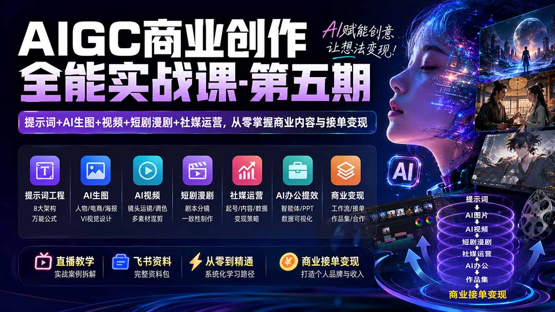 AIGC商业创作全能实战课-第五期:提示词+AI生图+视频+短剧漫剧+社媒运营,从零掌握商业内容与接单变现-问小徐资源库