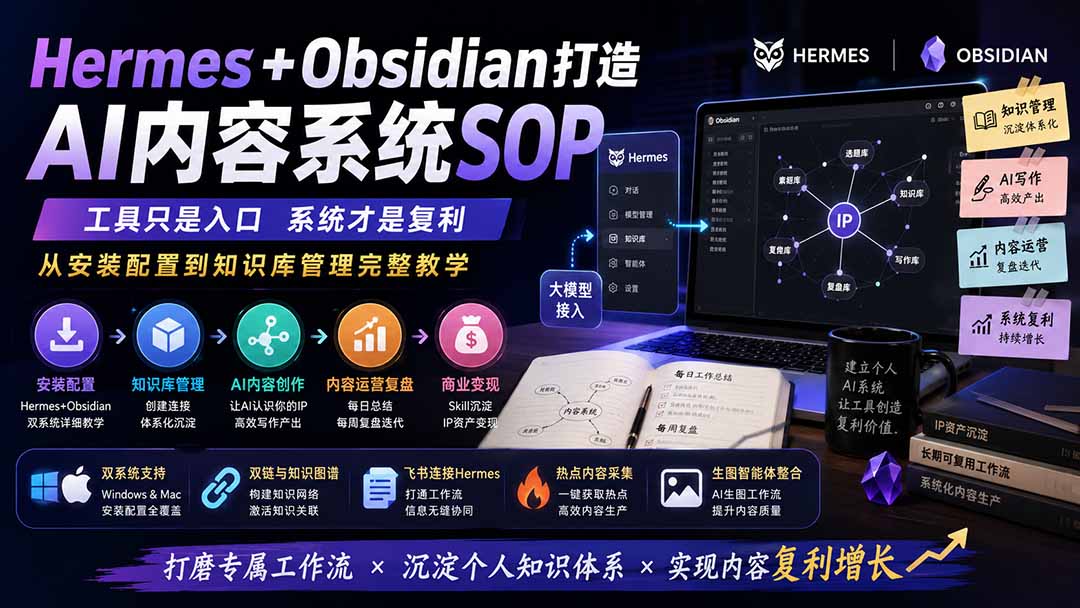 Hermes+Obsidian打造AI内容系统SOP；工具只是入口系统才是复利，从安装配置到知识库管理完整教学-问小徐资源库