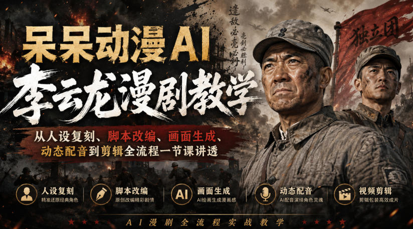 呆呆动漫AI李云龙漫剧教学，从人设复刻、脚本改编、画面生成、动态配音到剪辑全流程一节课讲透-问小徐资源库
