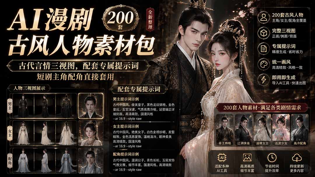 AI漫剧古风人物素材包+提示词｜200 套古代言情三视图，配套专属提示词短剧主角配角直接套用-问小徐资源库