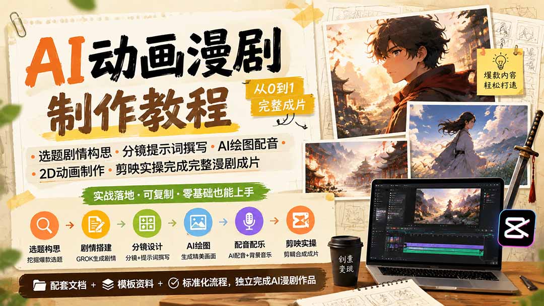 AI动画漫剧制作教程|选题剧情构思·分镜提示词撰写·AI绘图配音·2D动画制作·剪映实操完成完整漫剧成片-问小徐资源库