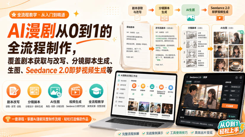 AI漫剧从0到1的全流程制作，覆盖剧本获取与改写、分镜脚本生成、角色场景生图与三视图、Seedance 2.0即梦视频生成(PDF版)-问小徐资源库