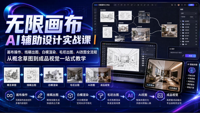 无限画布AI辅助设计实战课｜画布操作、线稿出图、白模渲染、毛坯出图、AI改图全流程，从概念草图到成品视觉一站式教学-问小徐资源库