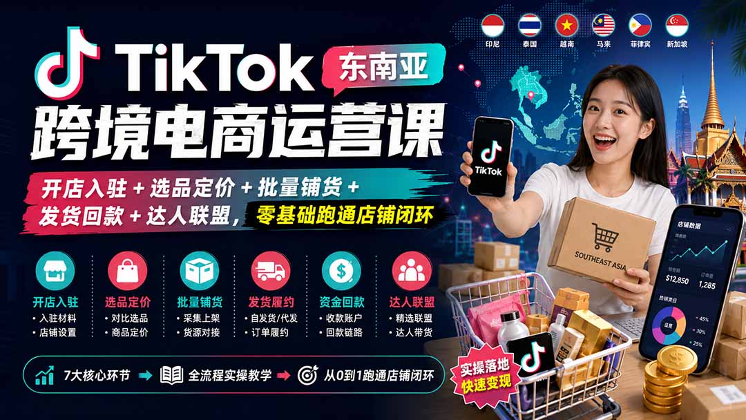 TikTok东南亚跨境电商运营课：开店入驻+选品定价+批量铺货+发货回款+达人联盟，零基础跑通店铺闭环-问小徐资源库