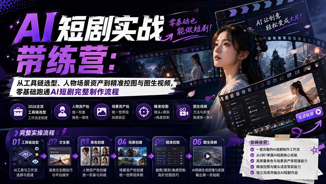 AI短剧实战训练营：从工具链选型、人物场景资产到精准控图与图生视频，零基础跑通AI短剧完整制作流程-问小徐资源库