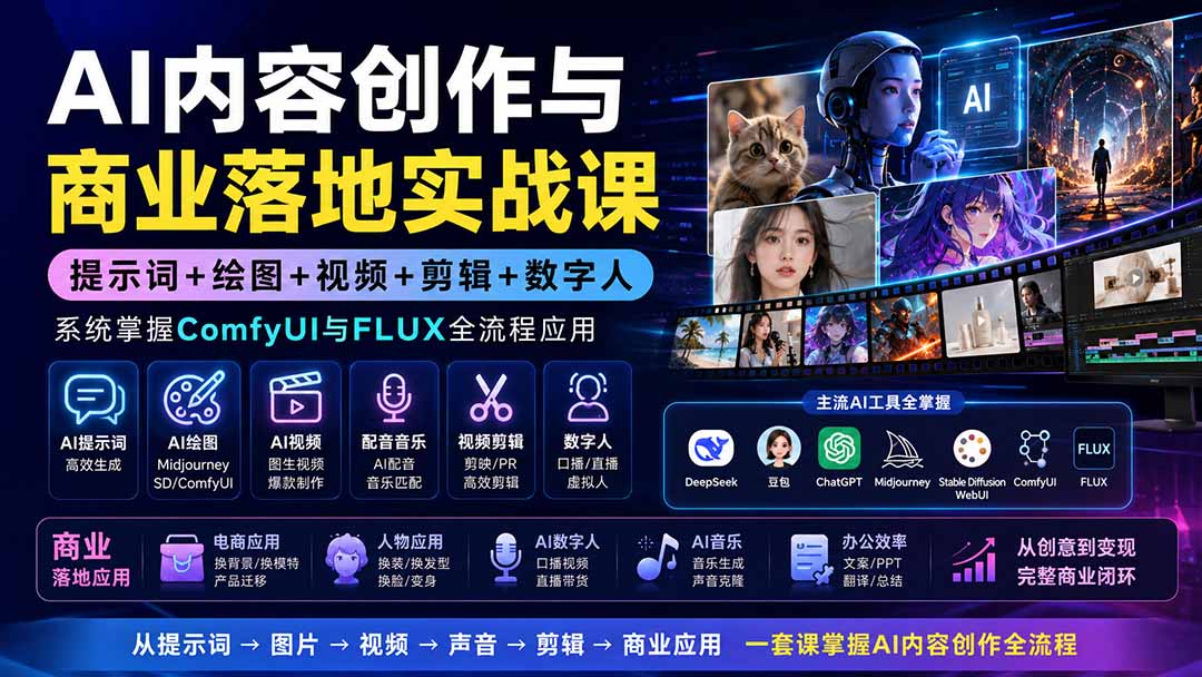 AI内容创作与商业落地实战课：提示词+绘图+视频+剪辑+数字人，系统掌握ComfyUI与FLUX全流程应用-问小徐资源库