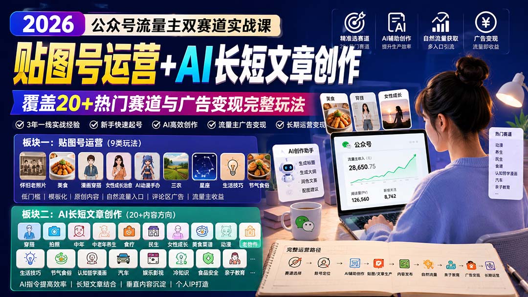 公众号流量主双赛道实战课：贴图号运营+AI长短文章创作，覆盖20+热门赛道与广告变现完整玩法-问小徐资源库