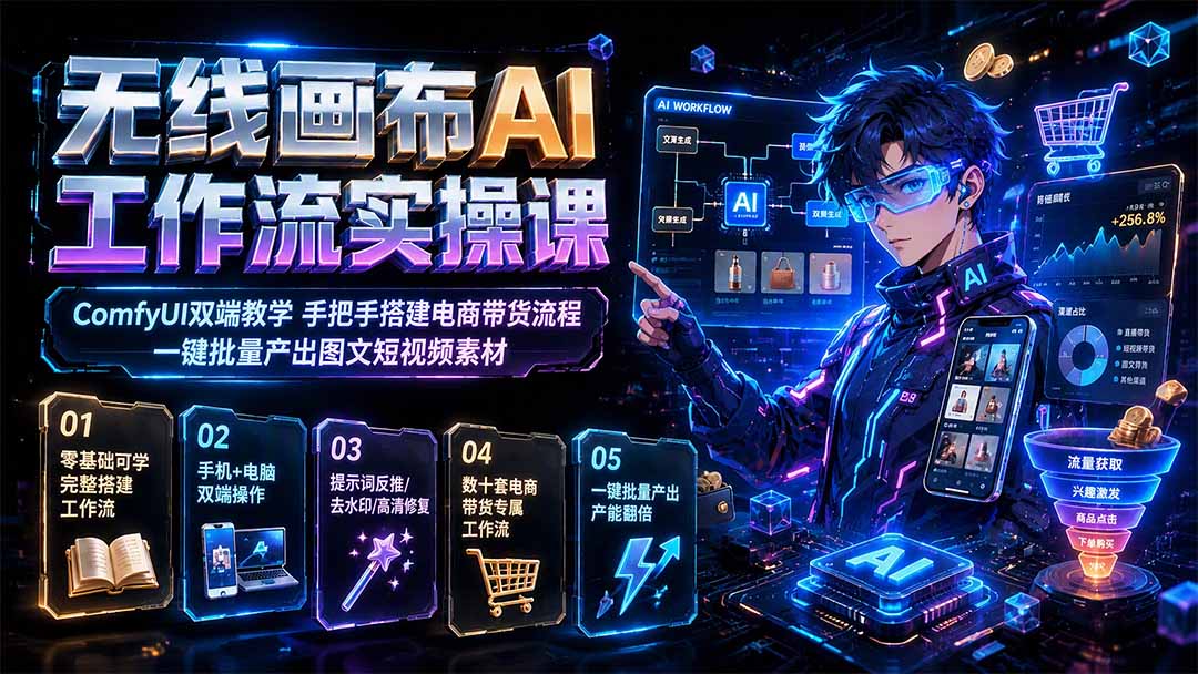 无线画布AI工作流实操课|ComfyUI双端教学,手把手搭建电商带货流程,一键批量产出图文短视频素材-问小徐资源库