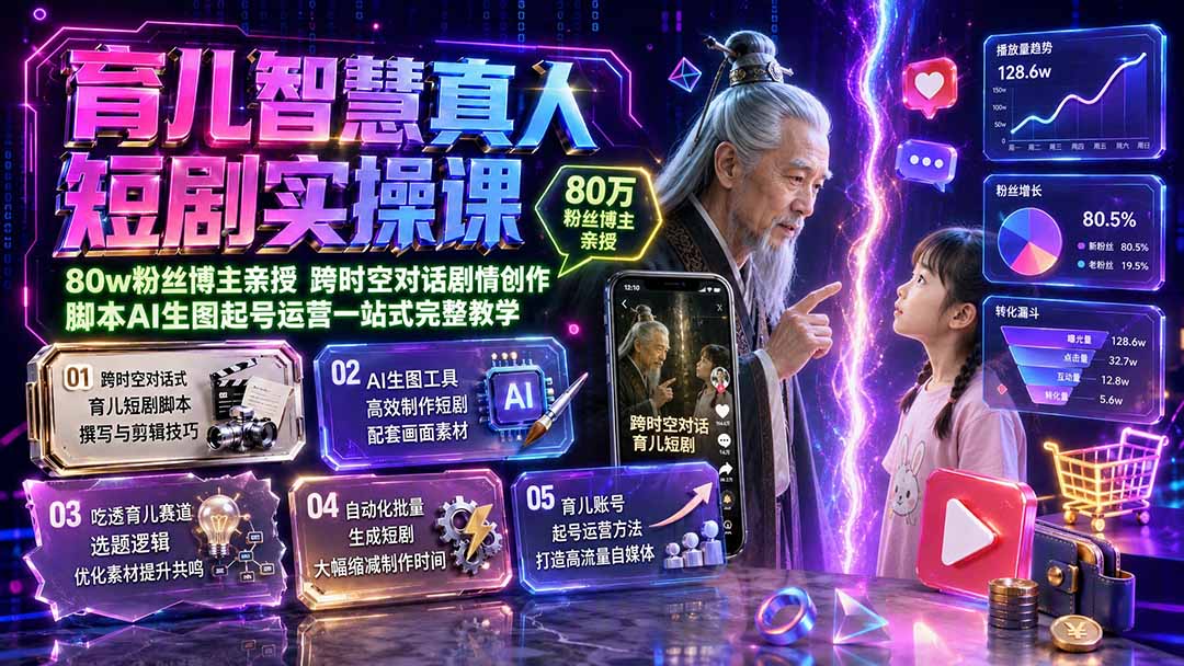 育儿智慧真人短剧实操课|80w粉丝博主亲授,跨时空对话剧情创作,脚本AI生图起号运营一站式完整教学-问小徐资源库