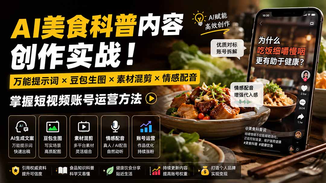 外面卖199元-AI美食科普内容创作实战！万能提示词×豆包生图×素材混剪×情感配音，掌握短视频账号运营方法-问小徐资源库