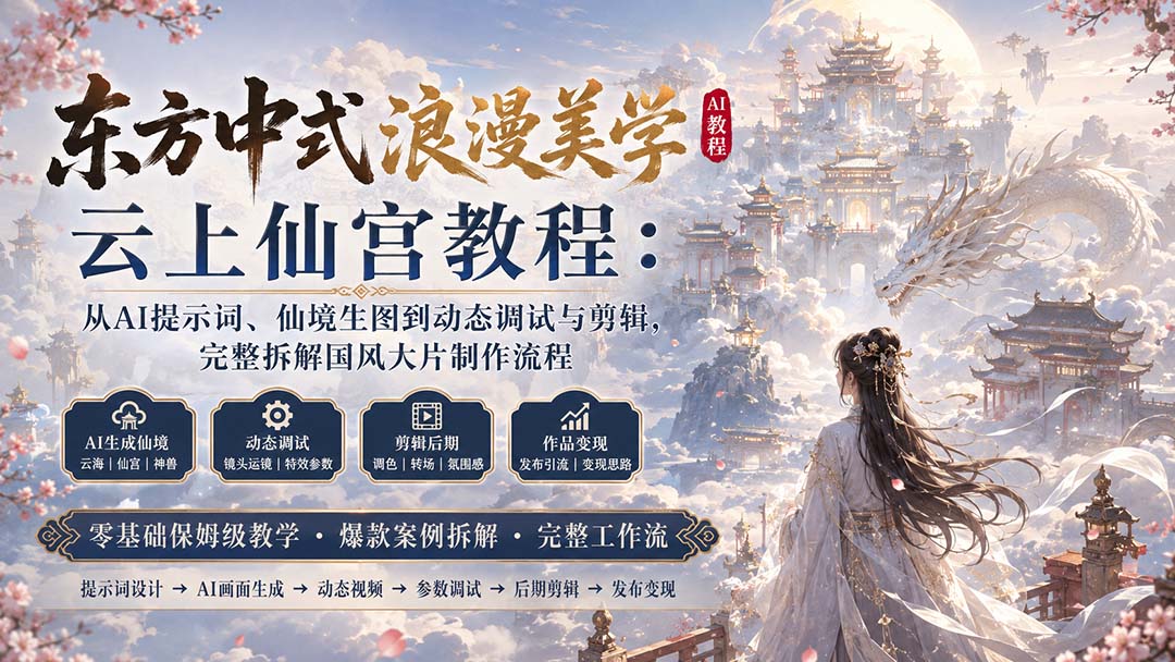 东方中式浪漫美学云上仙宫教程:从AI提示词、仙境生图到动态调试与剪辑,完整拆解国风大片制作流程-问小徐资源库