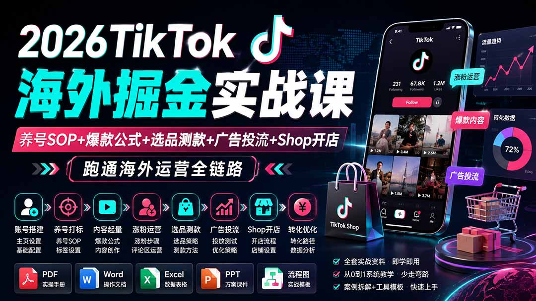 2026TikTok海外掘金实战课——养号SOP+爆款公式+选品测款+广告投流+Shop开店,跑通海外运营全链路-问小徐资源库