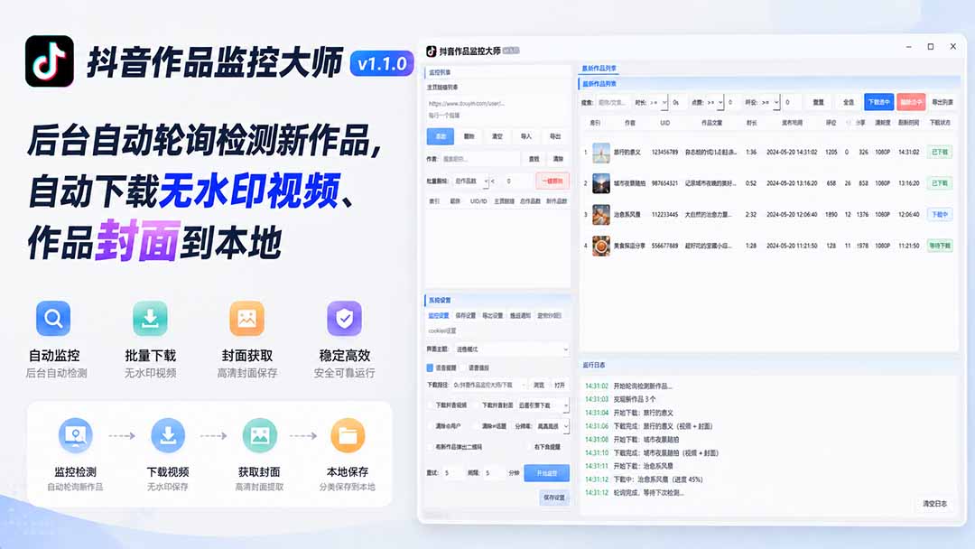 抖音作品监控大师v1.1.0：后台自动轮询检测新作品，自动下载无水印视频、作品封面到本地-问小徐资源库