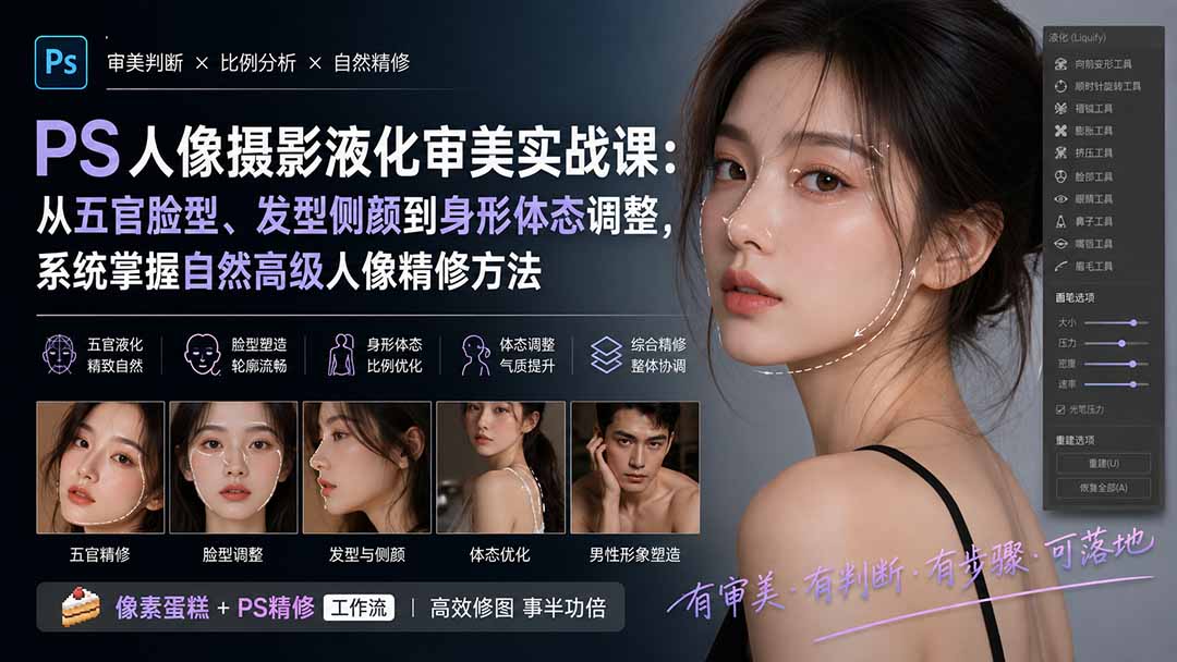 PS人像摄影液化审美实战课：从五官脸型、发型侧颜到身形体态调整，系统掌握自然高级人像精修方法-问小徐资源库