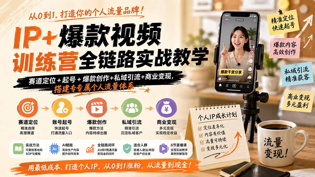 IP+爆款视频训练营全链路实战教学；赛道定位+起号+爆款创作+私域引流+商业变现，搭建专属个人流量体系-问小徐资源库