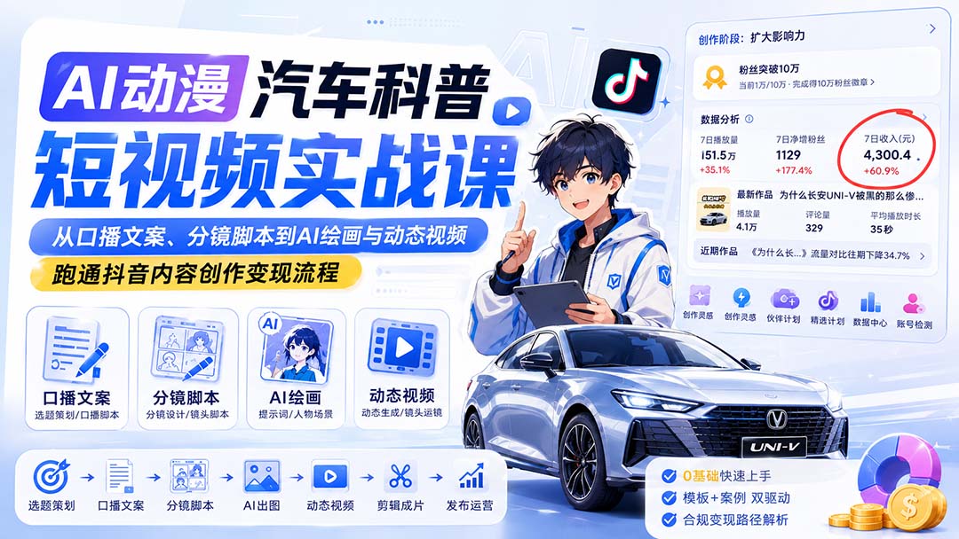 AI动漫汽车科普短视频实战课：从口播文案、分镜脚本到AI绘画与动态视频，跑通抖音内容创作变现流程-问小徐资源库