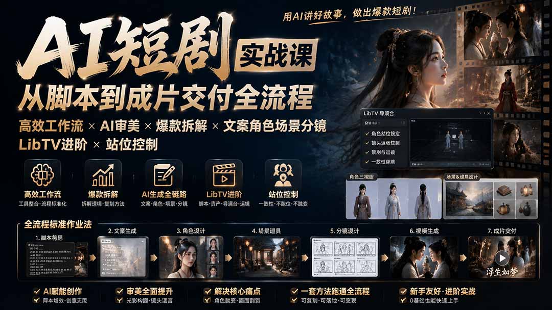 AI短剧实战课：高效工作流×AI审美×爆款拆解×文案角色场景分镜×LibTV进阶×站位控制×从脚本到成片交付全流程-问小徐资源库